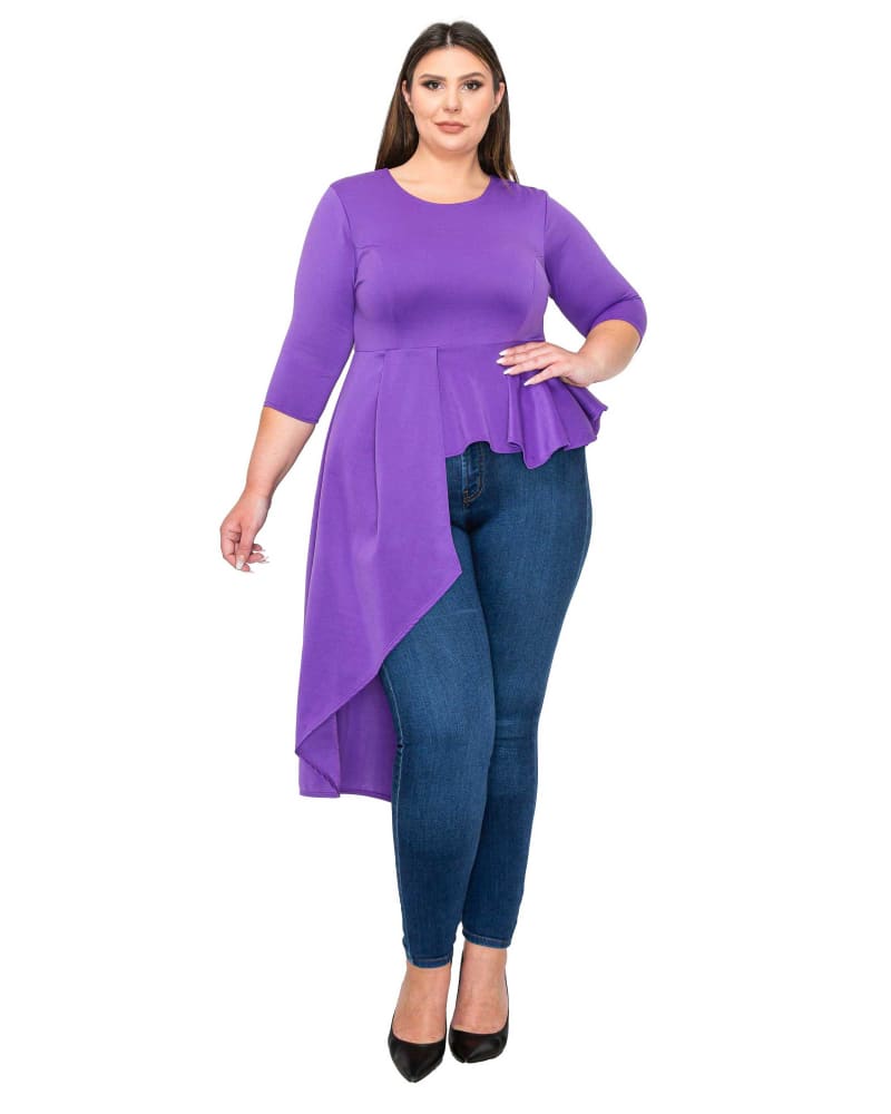 Front of a model wearing a size 14|16 Sanctuary Asymmetrical Peplum Top in Purple by L I V D. | dia_product_style_image_id:353288